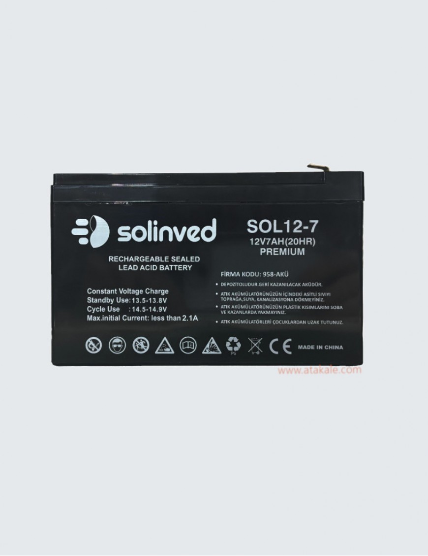 Solinved 12Volt 7AH Solar AGM Kuru UPS Aküsü Derin Deşarj Bakımsız Premium