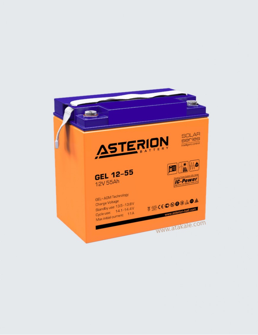 Asterion 12Volt 55AH Solar Jel Akü Nano Karbon  Derin Deşarj 12 Sene Ömürlü 
