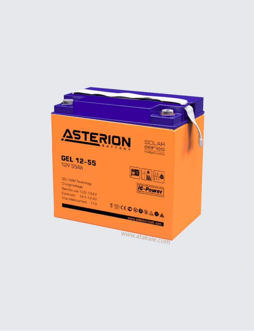 Asterion 12Volt 55AH Solar Jel Akü Nano Karbon  Derin Deşarj 12 Sene Ömürlü 