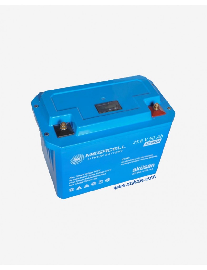 Megacell 25.6Volt 50AH LifePo4 Lityum Demir Fosfat Akü 2200 çevrim ABS Kutu