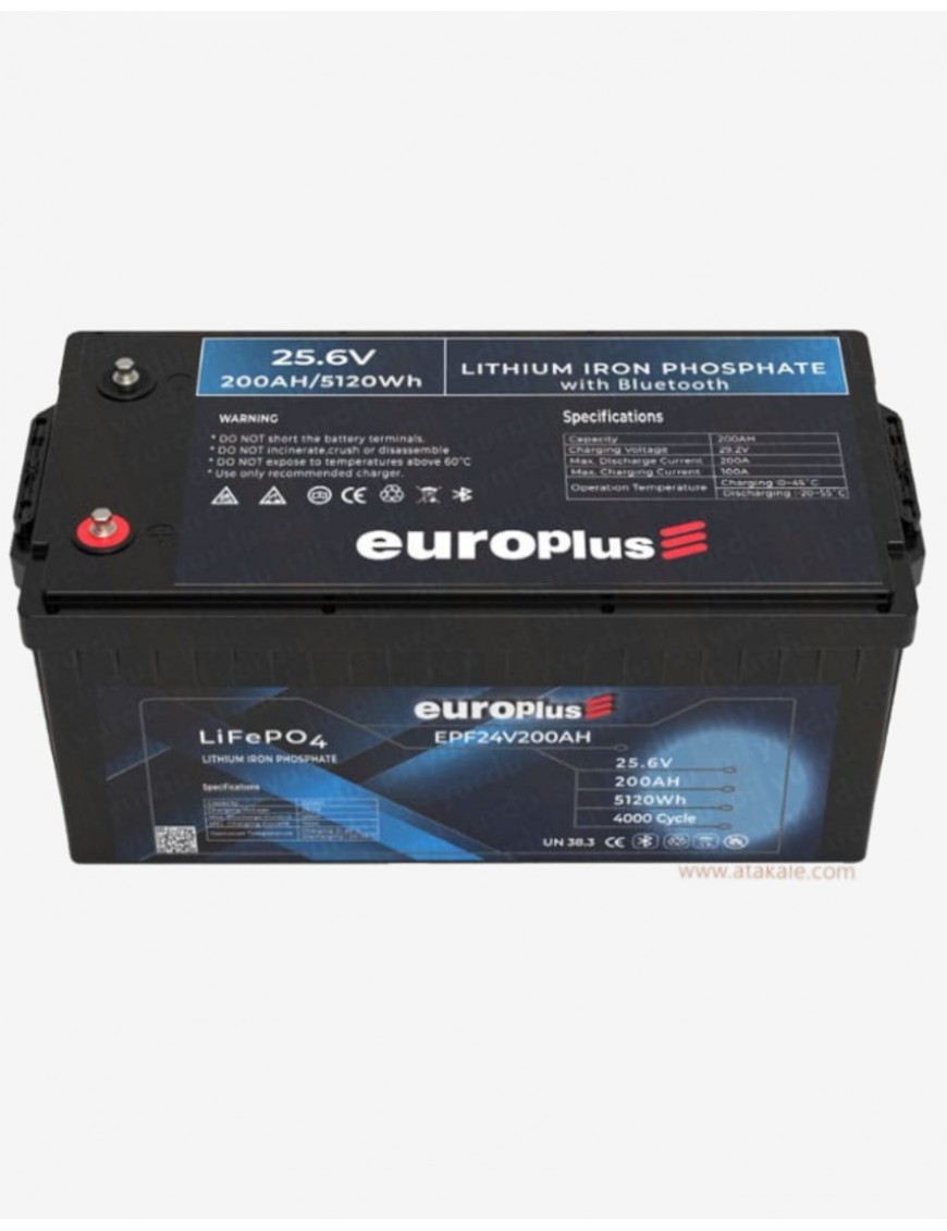 Europlus 24Volt Lityum Ion 200AH LifePo4 Solar Şarj Edilebilir  25.6V Prizmatik Bluetooth Akü 6000cyle