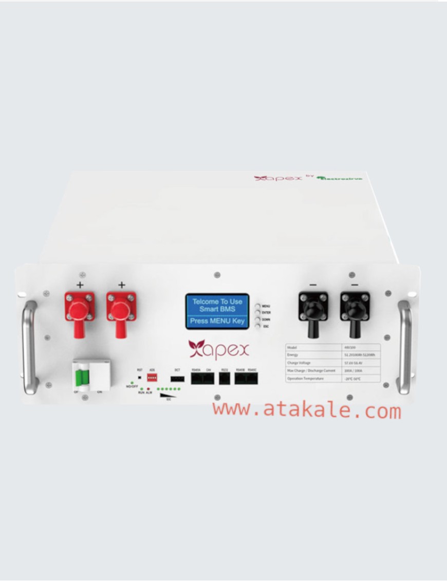 Apex 51,2Volt 100AH 5,12Kwh  Karavan Lityum Lifepo4 Solar Akü 5 Sene Garanti LCD Bleutooth ABS Kasa 