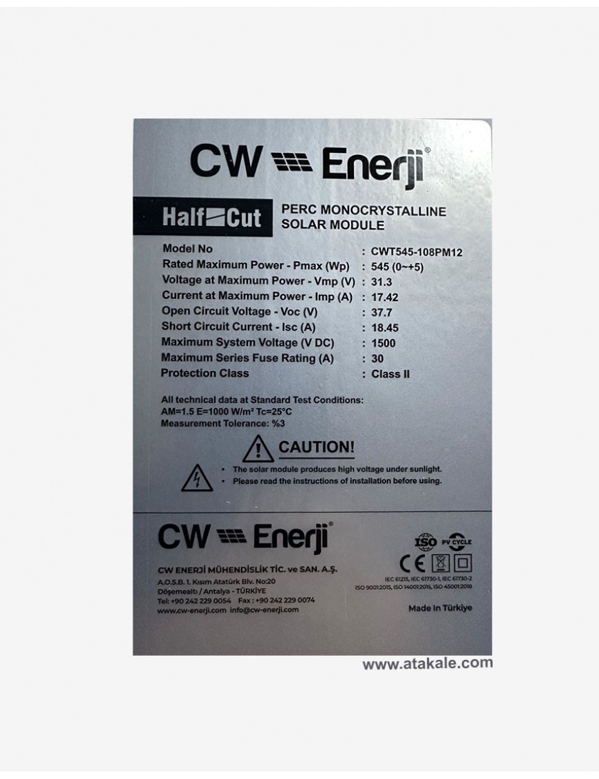CW Enerji 550wat Half Cut Siyah Monokristal Güneş Paneli 108 Hücre 37V HC M12